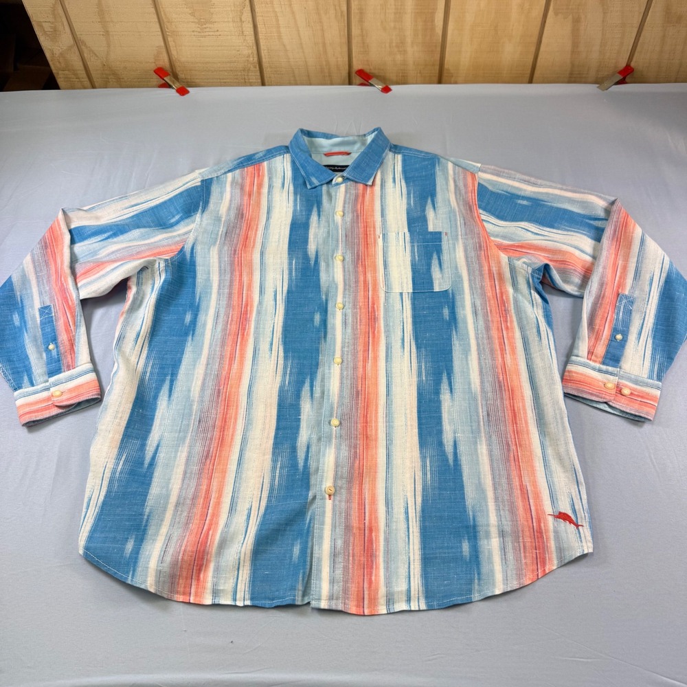 Tommy Bahama Mens 2XT Linen Blend Ikat Stripe Long Sleeve Button Down Shirt Blue